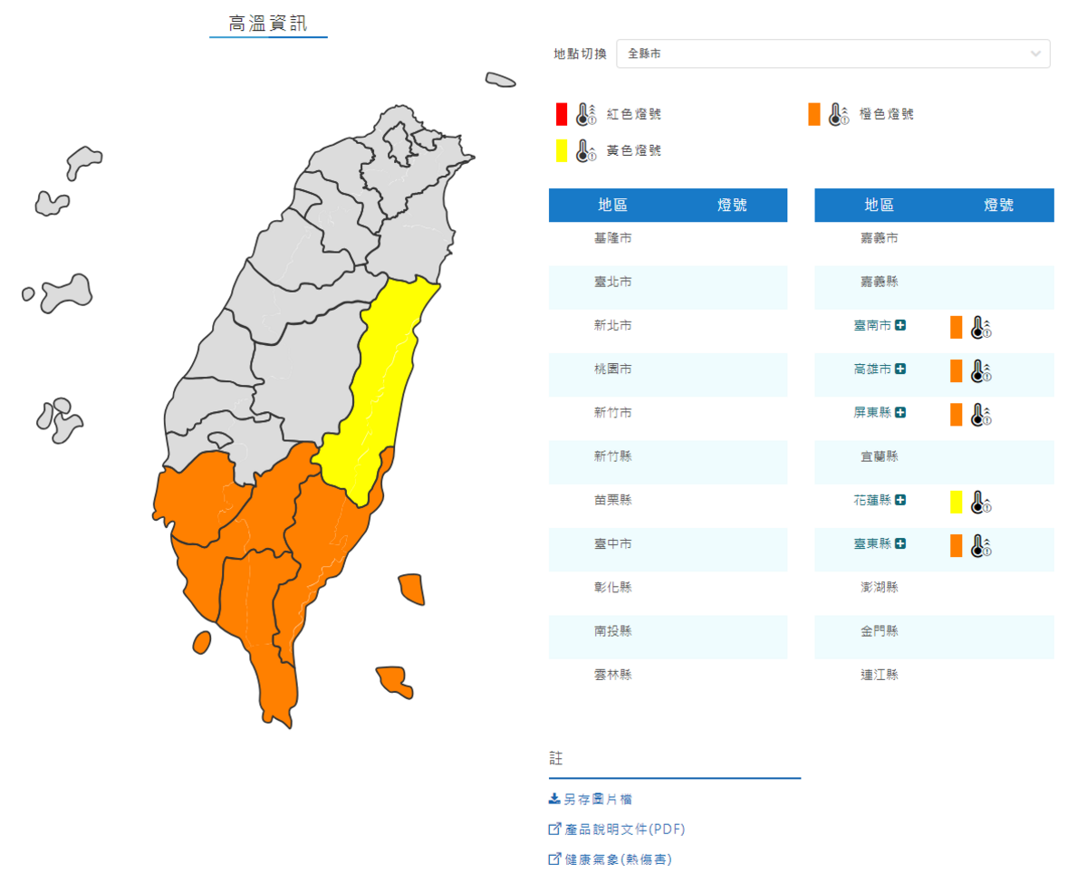 氣象署對南部5縣市發布高溫特報。 圖：取自中央氣象署