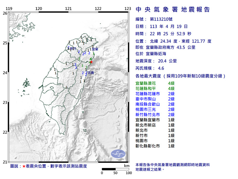 宜蘭縣近海今天（19）晚間10點25分發生芮氏規模4.6有感地震。 圖：氣象署提供