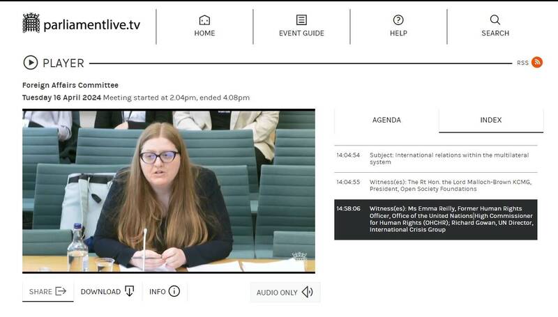 聯合國人權事務高級專員公署員工芮里16日出席英國下議院外交委員會檢視證詞會議。 圖：翻攝https://parliamentlive.tv/