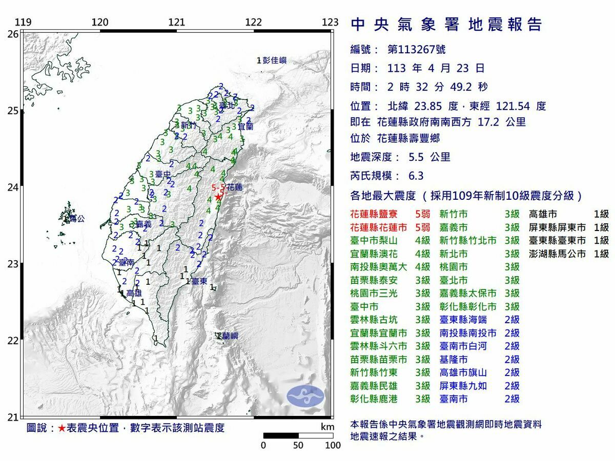 花蓮縣壽豐鄉今（23）天凌晨2點32分發生芮氏規模6.3地震。 圖：氣象署提供