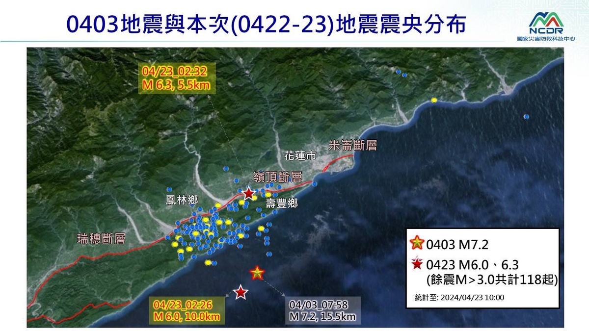昨(23)日開始又陸續出現多起規模5以上餘震，其中有2起規模6以上，造成花蓮2棟大樓倒塌。 圖：取自國家災害防救科技中心