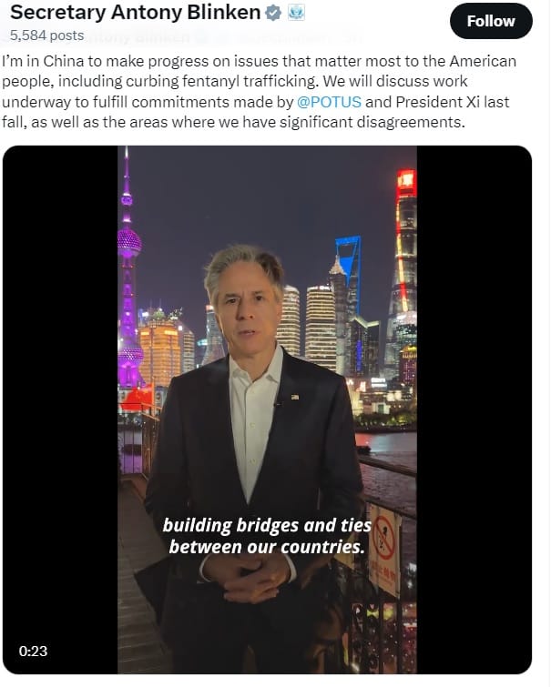 儘管身在中國，美國務卿布林肯一到上海照樣發推文，讓國際知道他訪中的目的。 圖：翻攝自布林肯推特