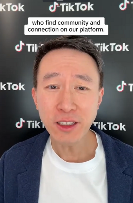美國通過一項法案，要求TikTok的母公司字節跳動在2025年1月19日前出售其在美業務，未完成則禁止TikTok使用。TikTok的CEO周受資則公開對用戶喊話。 圖：翻攝自周受資 TikTok 帳號