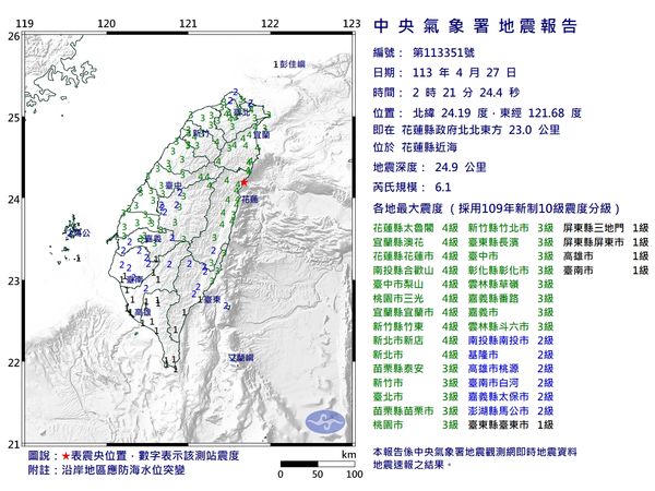花蓮今（27）天凌晨2點21分發生芮氏規模6.1地震。 圖：氣象署提供