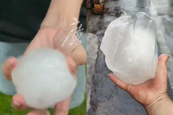 廣州下起冰雹，冰球比拳頭還大砸破屋頂。 圖：翻攝微博