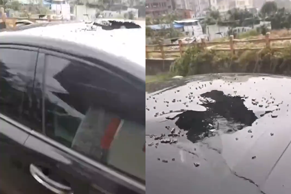 廣州降下冰雹，砸破車頂。 圖：翻攝微博
