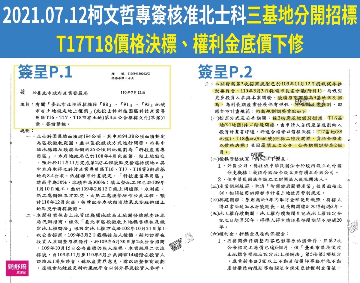 簡舒培公布2021年7月12日台北市政府產發局針對北士科三塊基地招標簽呈，柯文哲蓋章又親筆押日期，還要裝傻硬拗？ 圖：取自簡舒培臉書