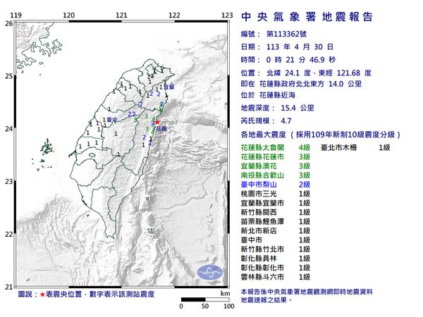 花蓮縣近海於今（30）天凌晨0時21分發生芮氏規模4.7地震。 圖：氣象署提供