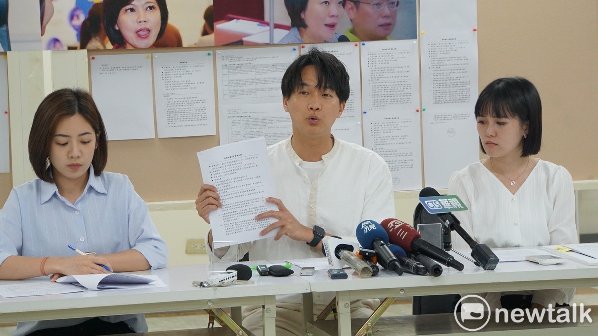 民眾黨新聞部主任吳怡萱（右起）、黨團總召陳宥丞、議員黃瀞瑩。 圖：周煊惠 / 攝