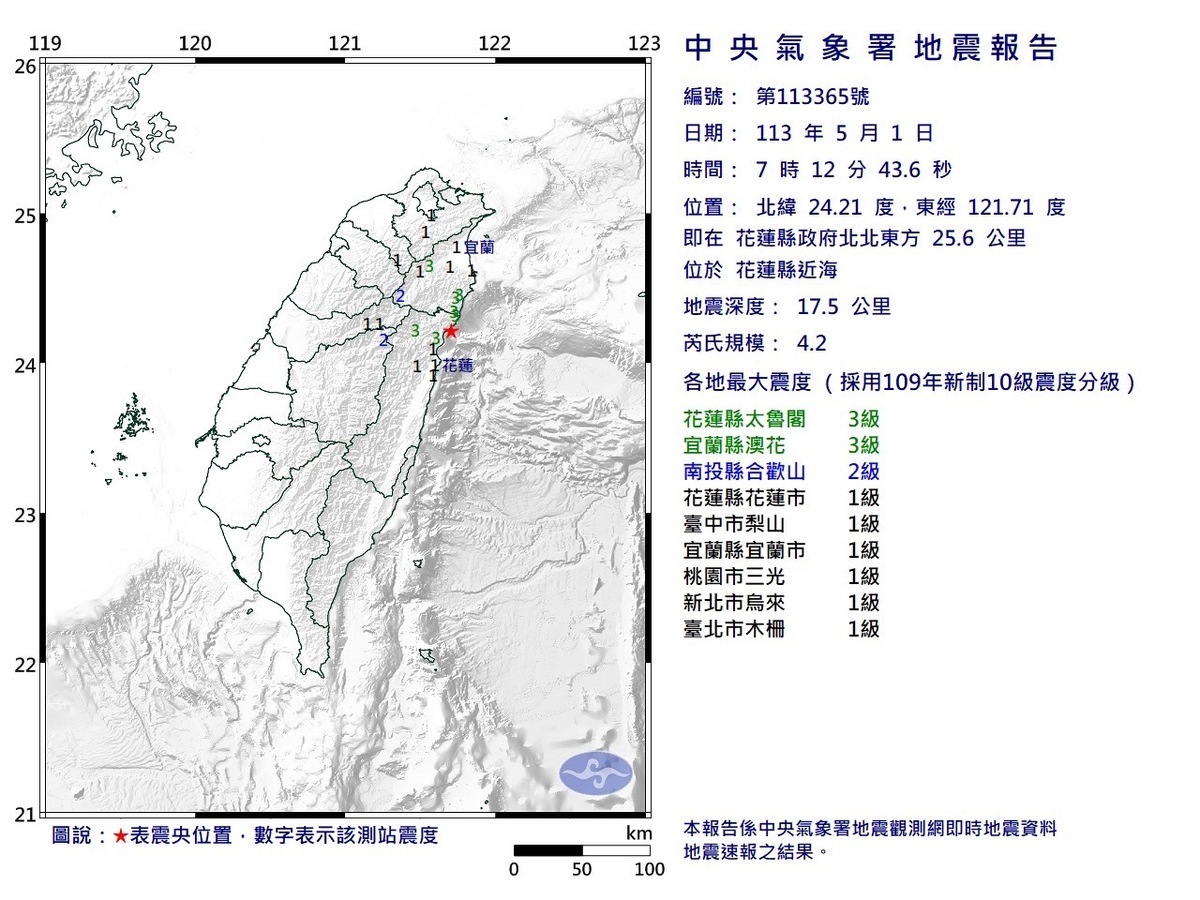 五一勞動節清晨花蓮連兩震。 圖/中央氣象署