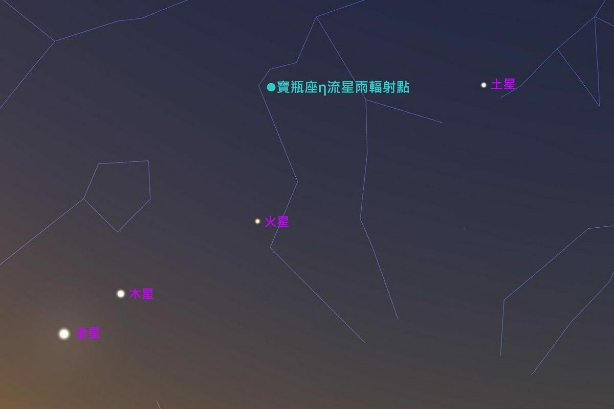 今年的寶瓶座η流星雨極大期在5月6日，由於月相近朔、月光干擾小，觀賞條件絕佳。 圖：翻攝自台北市立天文館官網