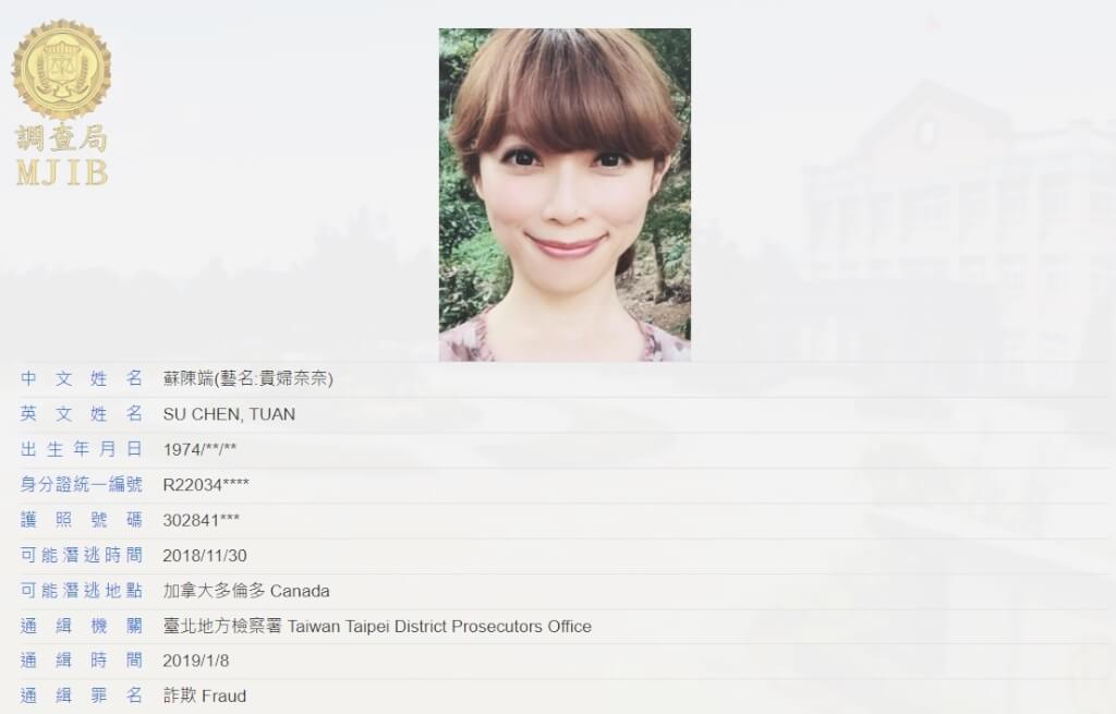 貴婦奈奈及伴侶黃博健的醫美診所在2019年涉嫌詐騙，夫妻倆捲走10億元後一家人逃亡到加拿大。 圖：翻攝調查局網站