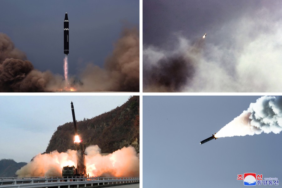 北韓試射搭載新開發的高超音速滑翔飛行戰鬥部的「火星砲-16B」(Hwasongpho-16B)。 圖：翻攝朝中社