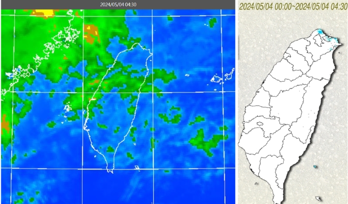今(4日)晨4：30紅外線色調強化雲圖顯示，台灣上空雲層鬆散(左圖)。4：30累積雨量圖顯示，北海岸有零星降雨(右圖)。 圖/取自「三立準氣象.老大洩天機」專欄