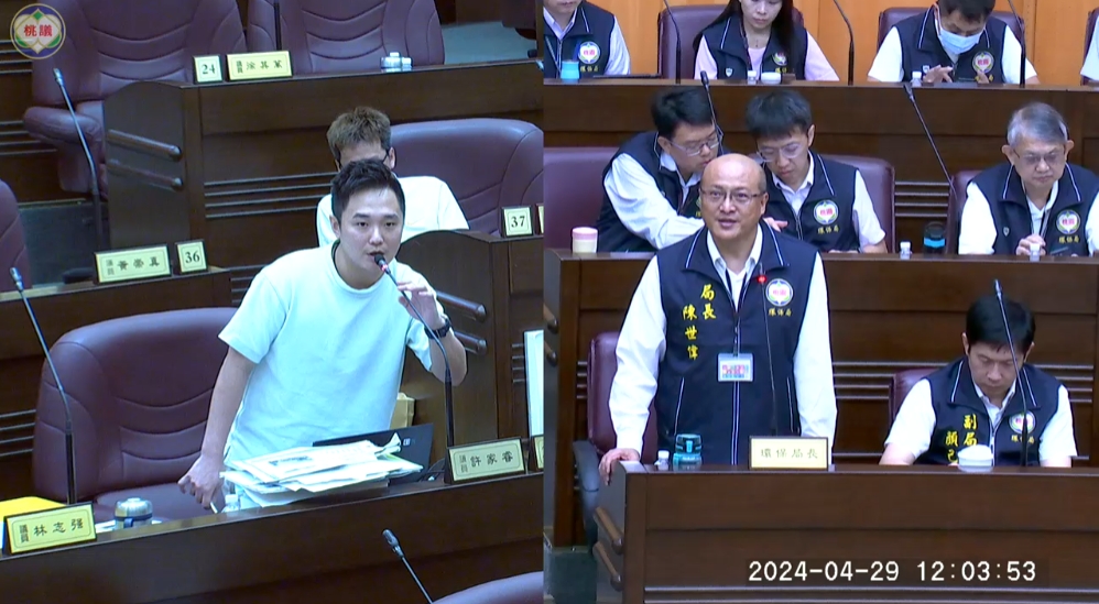 許家睿建議桃園市環保局跟進基隆市做法，將改裝車違規罰鍰加倍提高。 圖：翻攝桃園市議會直播