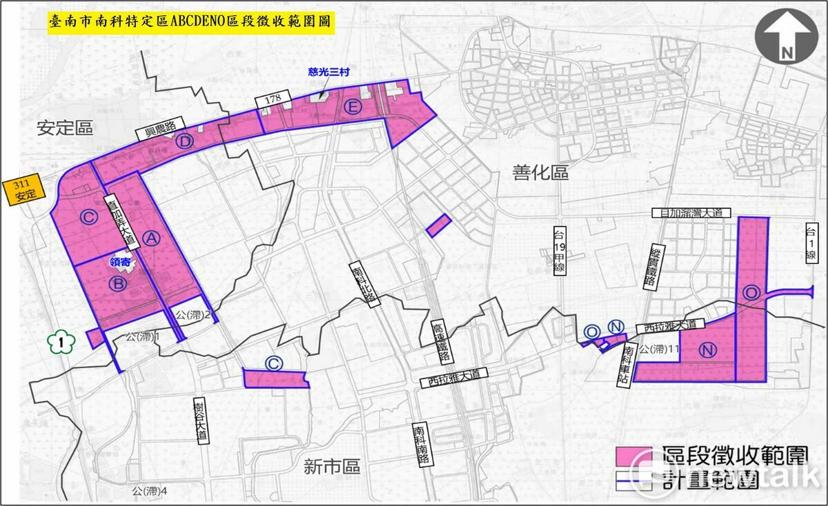 台南市南科特定區A、B、C、D、E、N及O區區段徵收案又傳新進展，都市計畫於112年12月審定完成，先行區段徵收開發範圍及抵價地比例於113年2月報請內政部核定，預計自5月6日起將陸續以公文通知辦理地上物查估作業。 圖：台南市政府提供