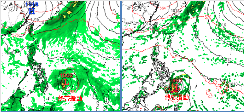最新美國〔GFS(左圖)〕及加拿大〔CMC(右圖)〕模式，模擬下週一(13日20時)海平面氣壓圖顯示，菲律賓東方海面有「熱帶擾動」發展，但兩者模擬位置、強度差異大。 圖：翻攝自老大洩天機專欄