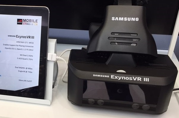 Samsung預計推出的Exynos VR III，據稱其搭載了眼部追蹤系統，左方平板列出了可能搭載的規格。 圖：翻攝自Sammobile