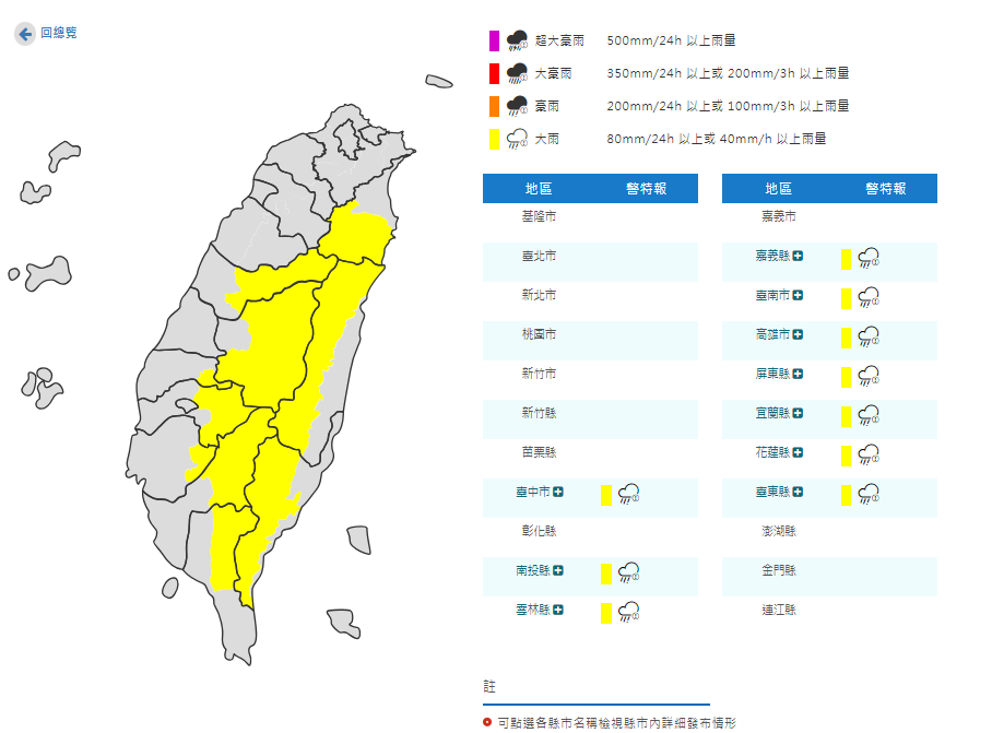 今日氣象署對10個縣市發布大雨特報。 圖：取自中央氣象署