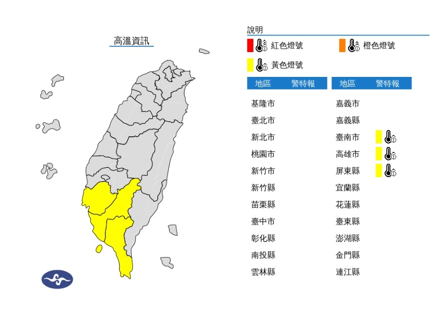 中央氣象署計對台南市地區、高雄市地區、屏東縣地區發布高溫黃色燈號。 圖/中央氣象署