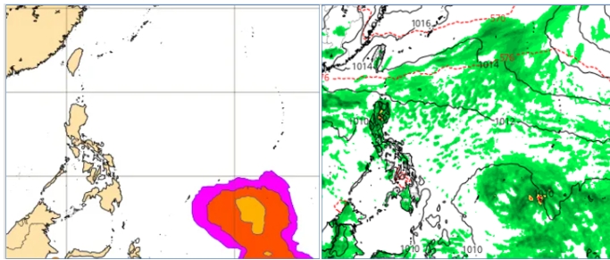 最新(10日20時)歐洲(ECMWF)系集模式，模擬16日20時「熱帶擾動」發展機率圖(左圖)顯示，菲律賓東方海面有「熱帶擾動」醞釀中。美國模式(GFS)亦有類似的模擬(右圖)。(圖擷自ECMWF， weathernerds) 圖/「三立準氣象.老大洩天機」專欄