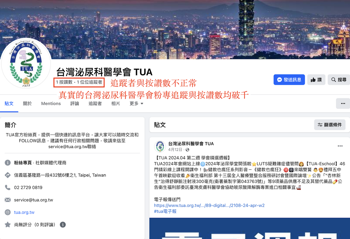 假冒「台灣泌尿科醫學會」成立的臉書粉專，在資訊欄上有諸多不合理之處。 圖：台灣事實查核中心提供