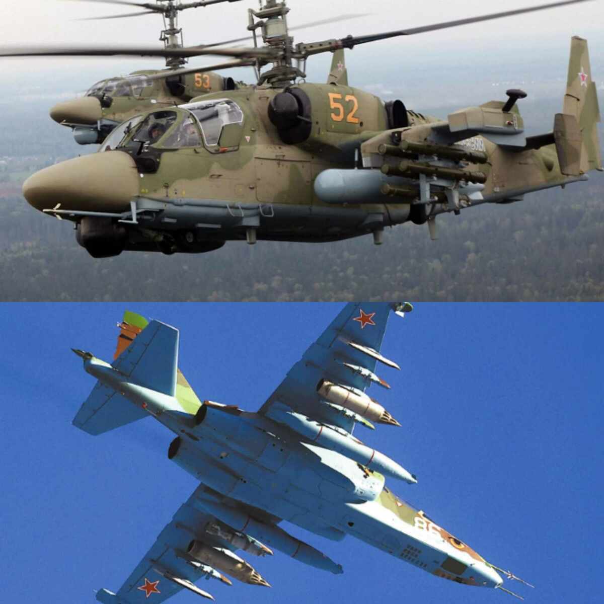 俄羅斯 Ka-52 武裝直升機(上)和Su-25 戰鬥機(下)，近日內都遭烏軍擊落。 圖 : 翻攝自視覺中國、Viktor Kovalenko X帳號
