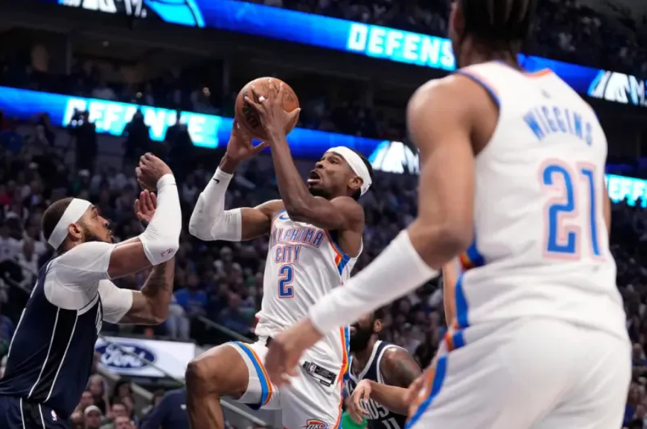 ▲此役雷霆靠著一哥「SGA」Shai Gilgeous-Alexander出手共27投14中，攻下全場最高34分，並附帶8籃板5助攻，率領雷霆驚險在客場搶下勝利，目前系列賽4戰下來，雙方戰成2：2平手。（圖／美聯社／達志影像）