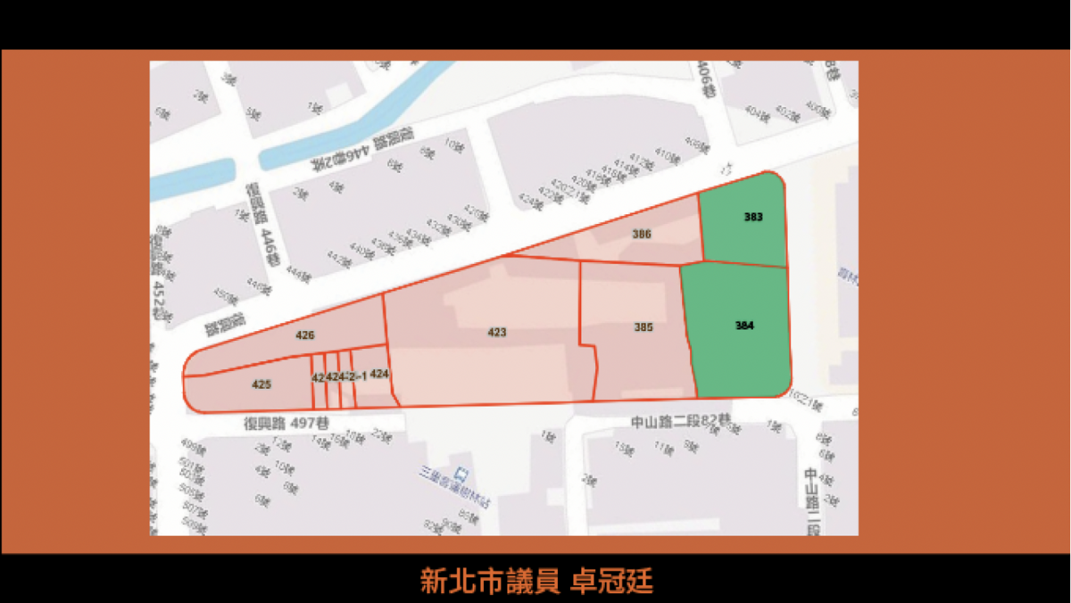 樹林育林國中小校地僅1.99公頃，面積過小未達到「國民中小學設備基準」。目前規劃將學校旁公兒三用地變更成教育用地，預計七月提交都委會討論，處理用地變更；另若要徵收公園旁另9塊私有地，卓冠廷估徵收費用將高達5億。 圖：卓冠廷服務處提供