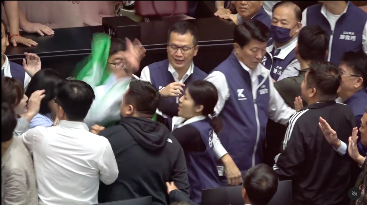 國民黨立委徐巧芯在衝突中，試圖用民進黨黨旗勾擄綠委王美惠。 圖：翻攝自洪申翰Threads