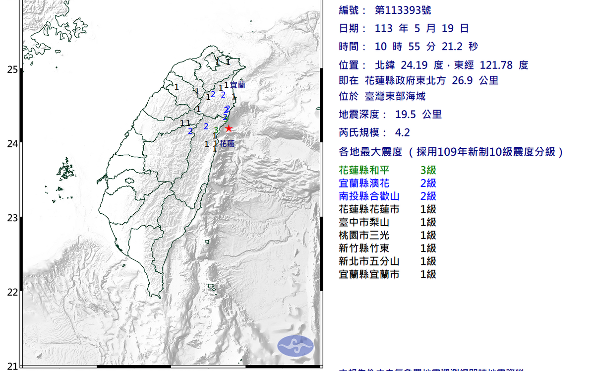 北台灣有感！花蓮發生規模4.2地震 最大震度3級