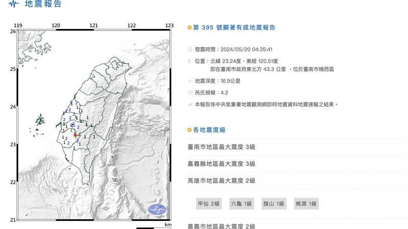 今（20）天清晨發生規模4.2地震。 圖：翻攝自中央氣象署