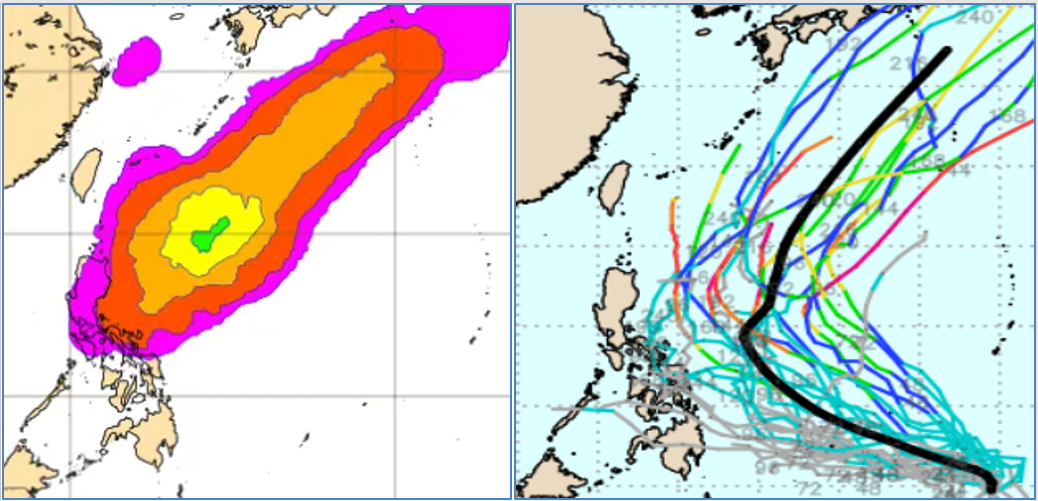 最新(19日20時)歐洲(ECMWF)系集模式(左圖)及美國(GEFS)系集模式(右圖)皆模擬，未來一週至10天，在菲律賓東方海面有「熱帶擾動」發展的機率。 圖：翻攝自老大洩天機專欄