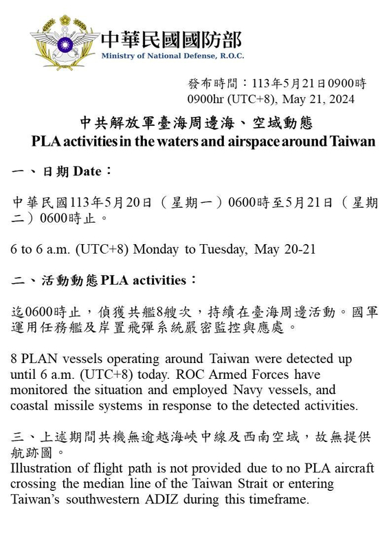 國防部公布中共解放軍臺海周邊海、空域動態。 圖：國防部提供