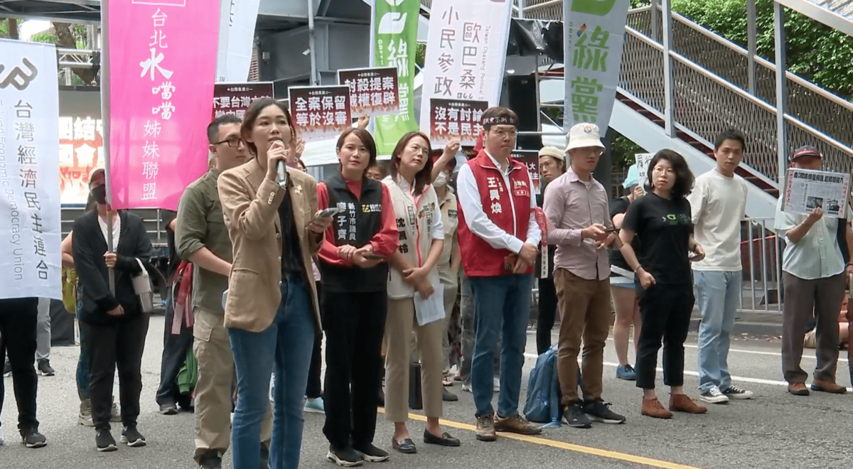 台灣基進、獨盟、時力、台聯等小黨及民團今日號召民眾前往立法院抗議，要求立法院退回國會改革法案至委員會審查。 翻攝自經濟民主連合直播