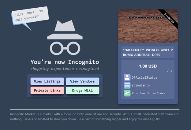 美國司法部破獲暗網毒品交易平台Incognito Market，台籍嫌犯林睿庠落網。圖為平台登入頁面。 圖：翻攝美國司法部官網