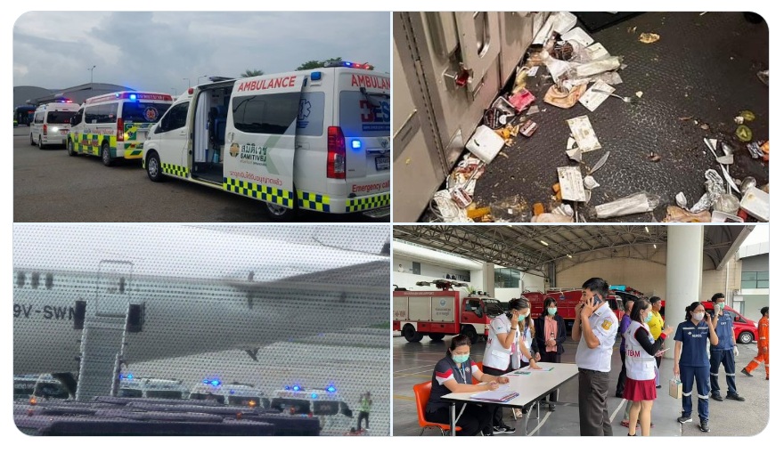 社群媒體「X」有關新加坡航空SQ321遭遇亂流造成1死30傷相關討論。左上及右下為迫降泰國曼谷機場後派出救護車及醫療人員；右上為機艙地板都是摔下、散亂的食物。 圖：截取「X」@fl360aero