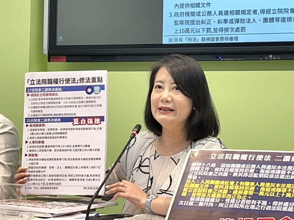 民進黨團幹事長吳思瑤痛批立法院長隨藍白閹割立委發言權。 圖：金大鈞/攝