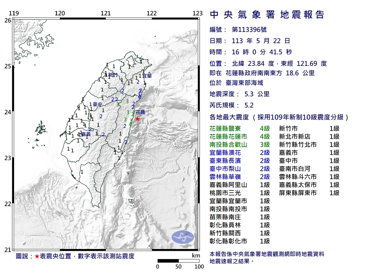 今日下午發生規模5.2地震，最大震度4級，除了高雄以外幾乎全台有感。 圖：中央氣象署／提供