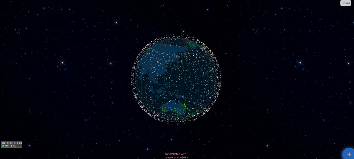 星鏈互聯網衛星和覆蓋範圍的即時視圖。 圖 : 翻攝自網站Live Starlink Satellite and Coverage Map