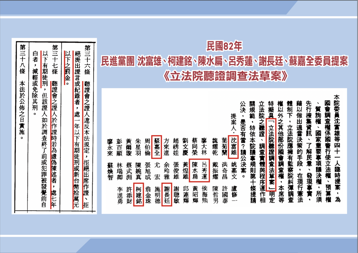 國民黨團秀出民國82年民進黨團提案的《立法院聽證調查法》草案內容。 圖：國民黨立法院黨團/提供