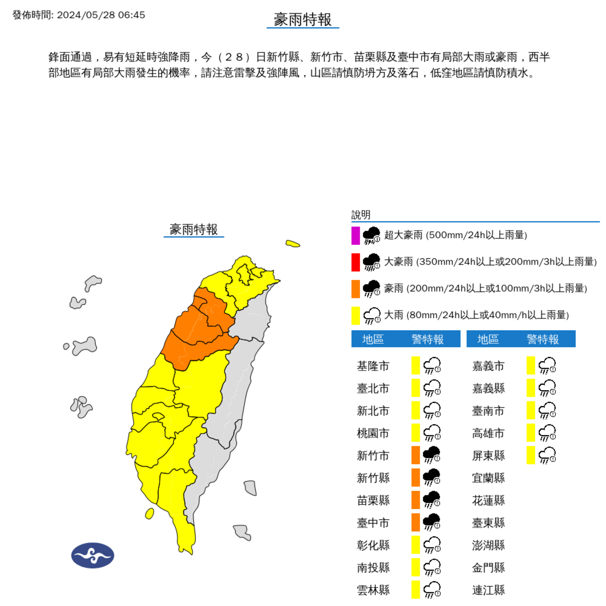 今天西部縣市都籠罩在大雨特報範圍，尤其是新竹縣市、苗栗縣與台中市，將有局部大雨或豪雨，請民眾注意。 圖：中央氣象署／提供