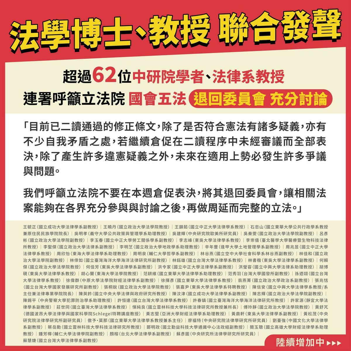 學界也發出聯合聲明要求立法院應將國會五法退回至委員會充分討論。 圖：苗博雅臉書
