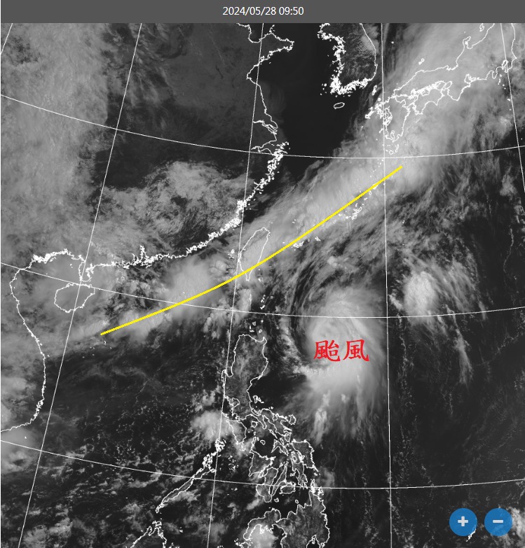 前氣象局長鄭明典今(28)日於臉書上表示，颱風逐漸接近鋒面系統，可能會被導引往東北，也可能提早變性成溫帶氣旋。 圖：翻攝自鄭明典臉書