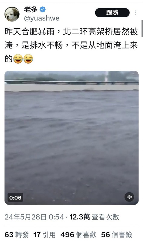 網友發布合肥高架淹水影片 圖 : 翻攝自 X