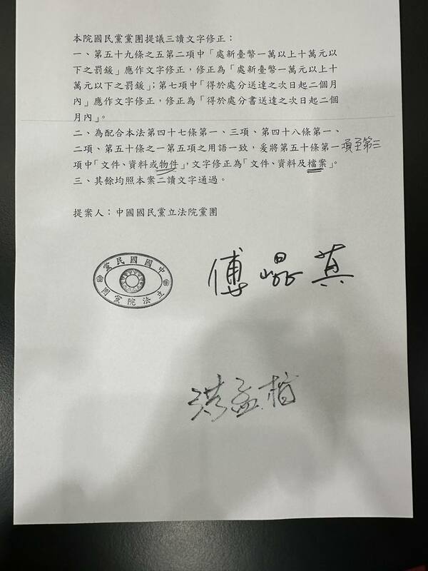 國民黨團在法案三讀前提出文字修正竟是進行實質修改，遭民進黨團大批黑箱。 圖：翻攝自王定宇臉書