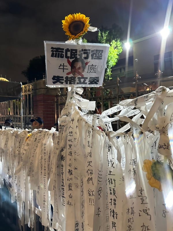 民眾將抗議布條及指控失格立委綁掛在立院鐵門上。 朱蒲青拍攝