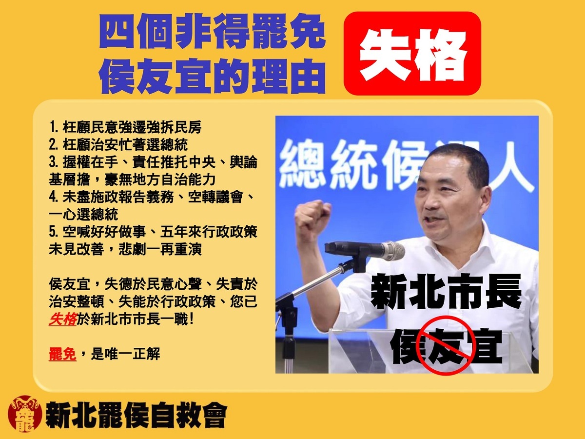 新北市長侯友宜挨批「失格」，還請假參選總統，棄市民不顧，市民在今年總統大選結束後，立即發動罷免行動。 圖：翻攝自罷免侯友宜 新北罷侯自救會臉書