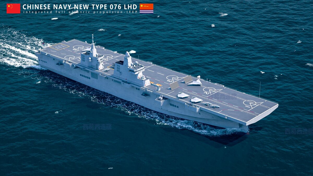 中國解放軍的 076 兩棲攻擊艦模擬圖。 圖：翻攝自 @senolenis X 帳號