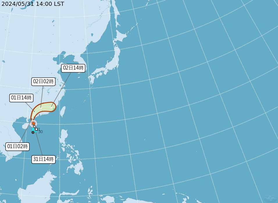 熱帶性低氣壓於今(31)日正式生成今年第二號颱風「馬利斯」。 圖：翻攝自中央氣象署官網